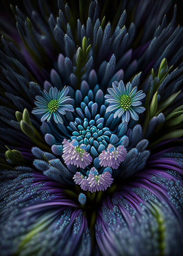 Detailed Blue and Purple Flower Close-Up with Radial Composition