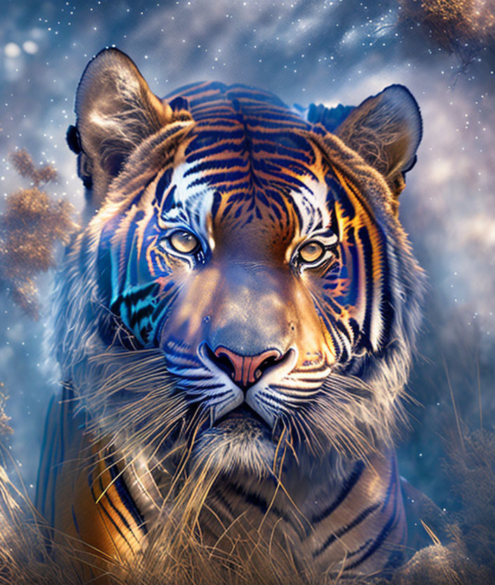 Colorful Tiger Face with Starry Night Sky and Blurred Foliage