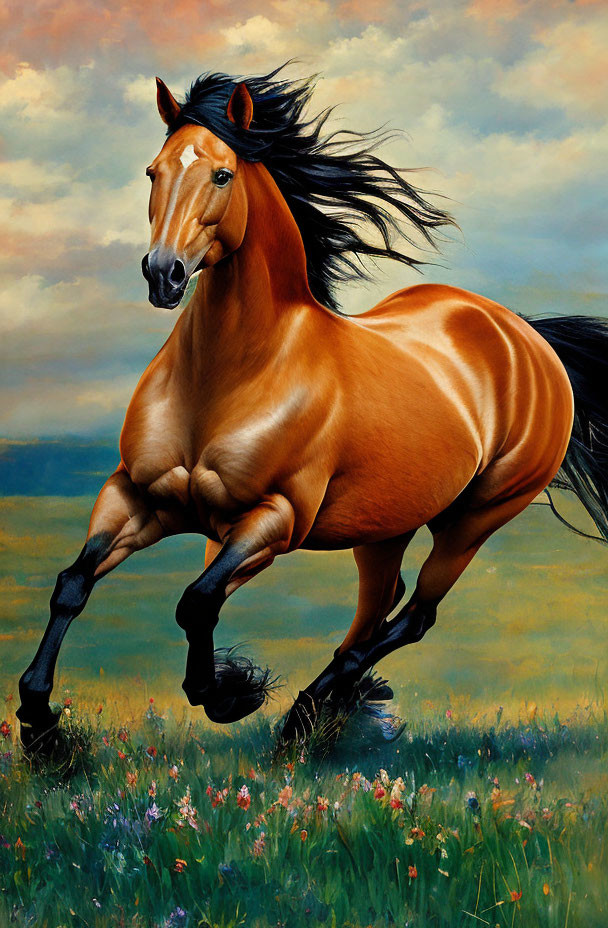 Majestic brown horse galloping in grassy field under cloudy sky