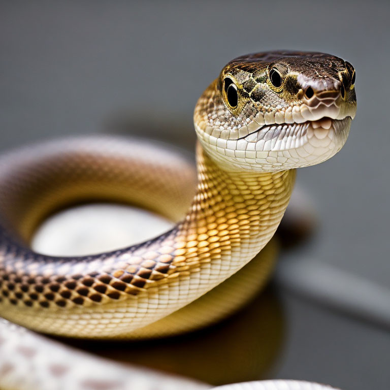 Detailed Close-Up of Coiled Snake with Scaly Skin and Dark Eyes