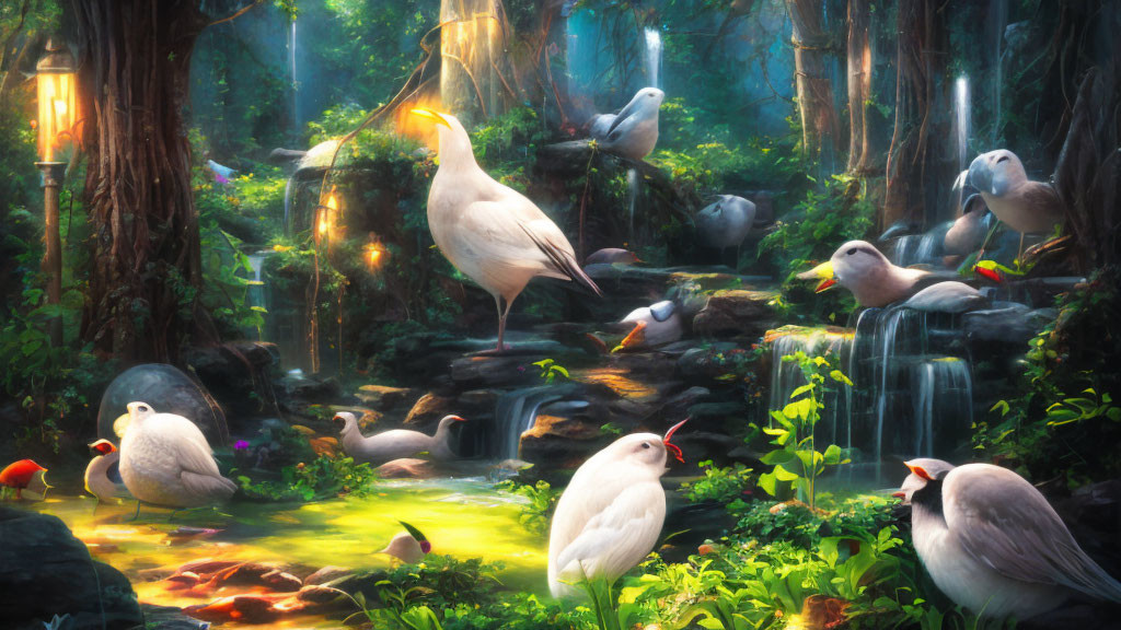 Majestic egret in lush forest with waterfalls and glowing pond