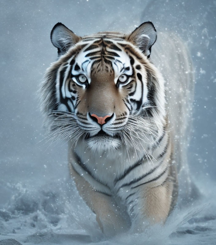 Majestic tiger with striking stripes in snowy backdrop