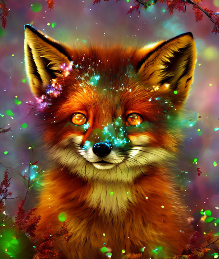 Colorful Digital Painting of Fox with Whimsical Background