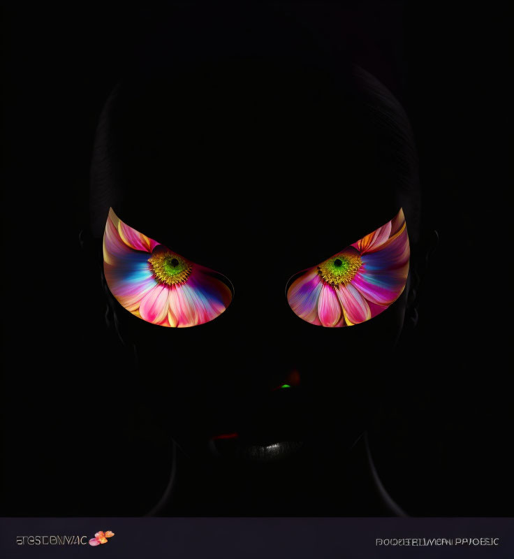 Shadowy portrait with vibrant rainbow-colored eyes on dark background