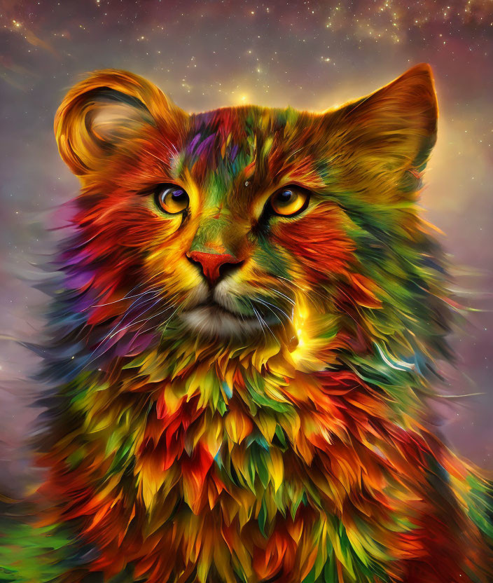 Colorful Lion Digital Art with Rainbow Spectrum on Starry Background