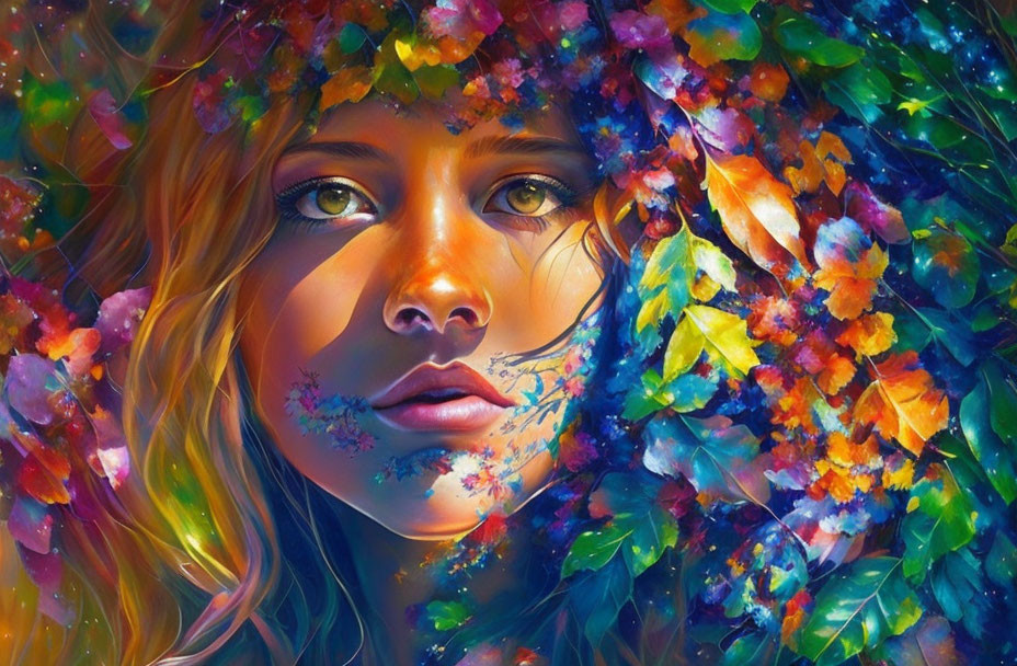 Colorful digital painting of woman in vibrant foliage and flowers