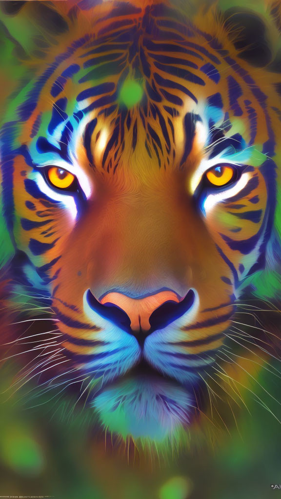 Colorful Digital Art: Intense Tiger Face with Yellow Eyes
