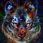 Digital Artwork: Tiger Face in Dense Foliage with Golden Eyes