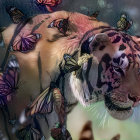 Majestic tiger with butterflies and flowers in mystical scene