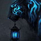 Surreal digital art: Tiger with glowing blue stripes & eyes