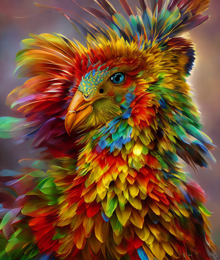 Colorful Fantastical Bird Illustration with Detailed Blue-Speckled Head