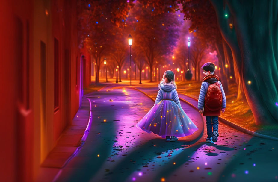 Vibrant street scene: children walking at dusk in colorful attire