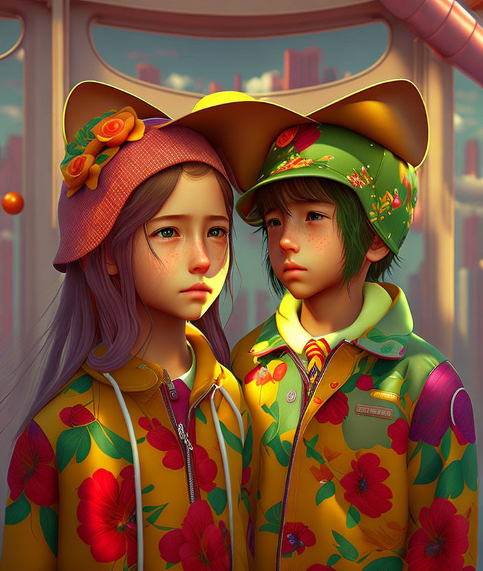 Colorful Animated Characters in Floral Clothing Reflective Mood