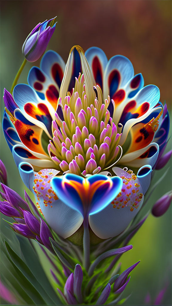 Colorful digital artwork: Exotic bird-like flower with eye patterns