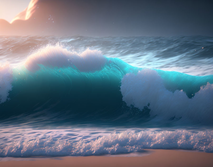 Sunlit ocean wave cresting under warm dusky sky