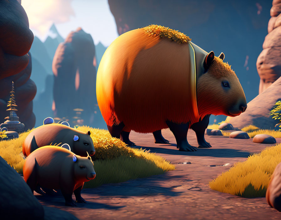 Stylized capybaras in fantastical landscape with moss-covered rocks