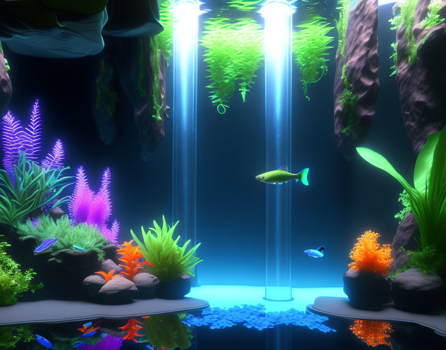 Colorful artificial underwater scene with plants, rocks, fish, and illuminated light columns.