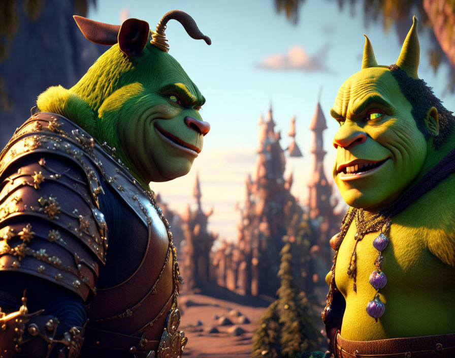 Animated ogre characters in armor standing in fantasy landscape with castle.