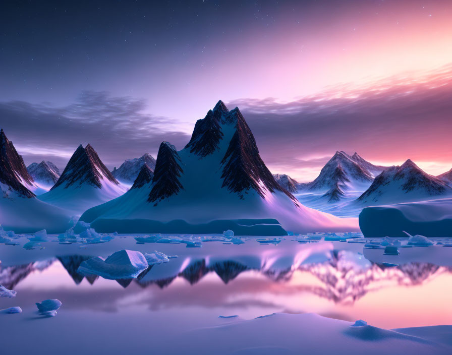 Snow-capped mountain peaks reflected in tranquil water with icebergs under twilight sky.