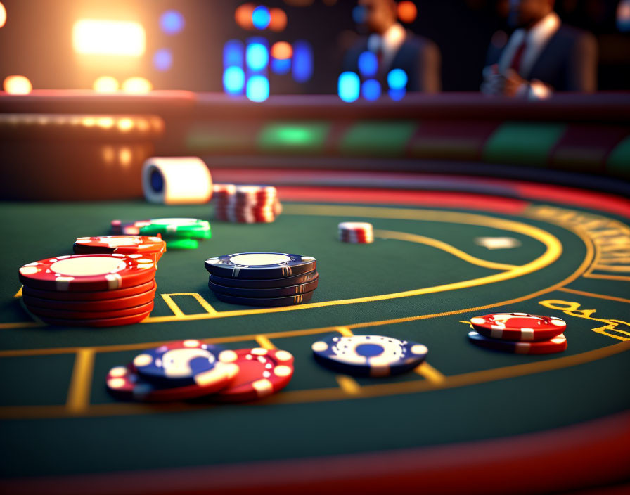 Colorful casino scene with poker chips, dice, and dealer in blurred background