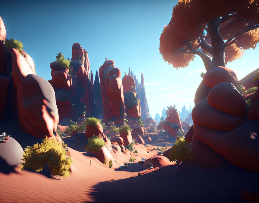 Vibrant 3D-rendered desert landscape with red rocks and vegetation