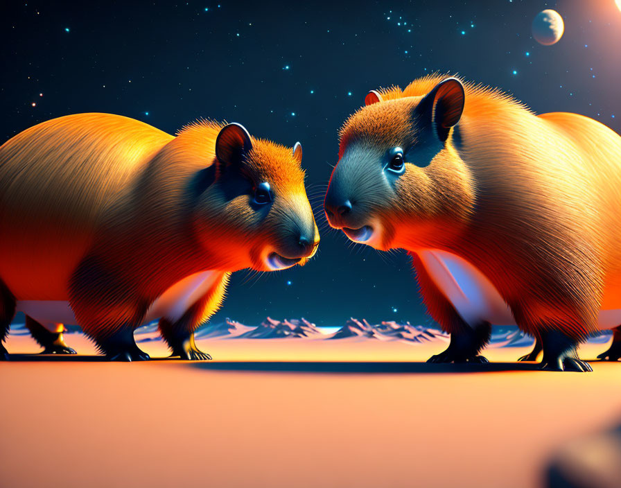 Stylized oversized capybaras at dusk with starry sky and mountain silhouette