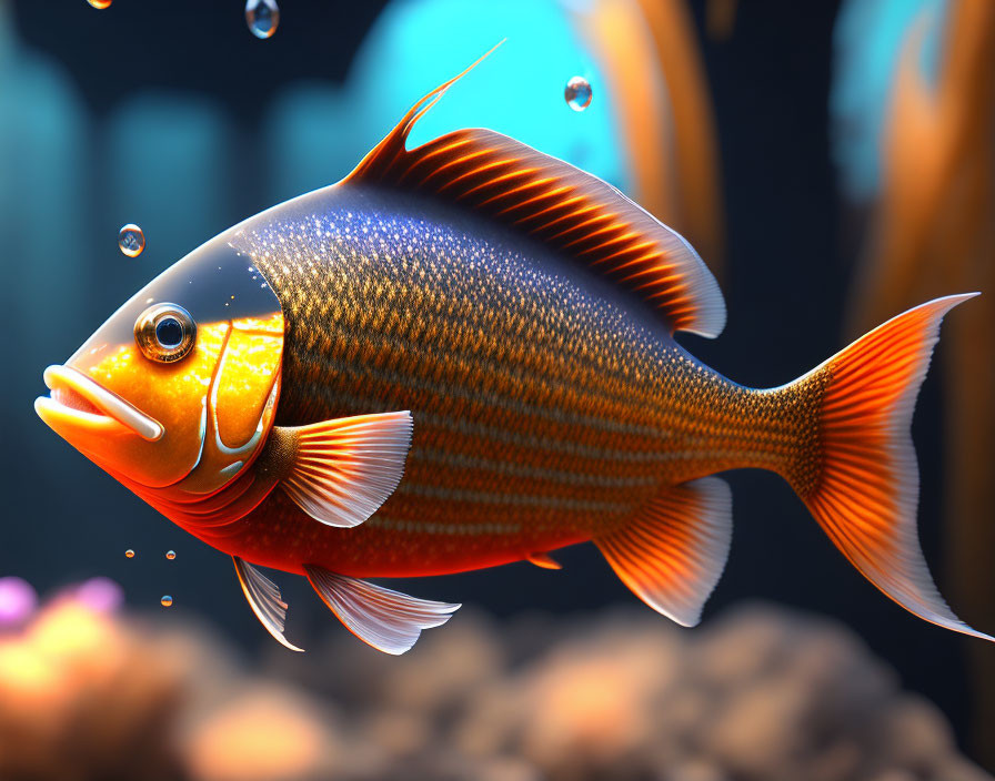 Colorful Orange Fish Swimming in Bubbly Underwater Scene