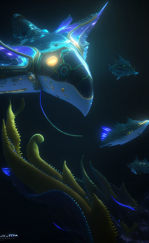 Biomechanical whales in neon-lit underwater landscape