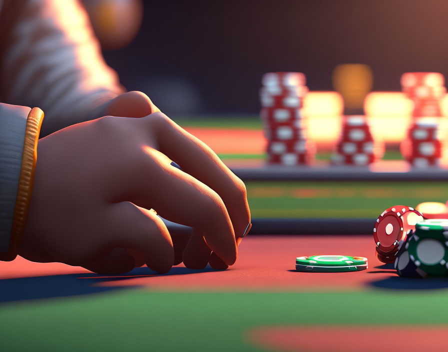 Close-up of hand with poker chips at casino table