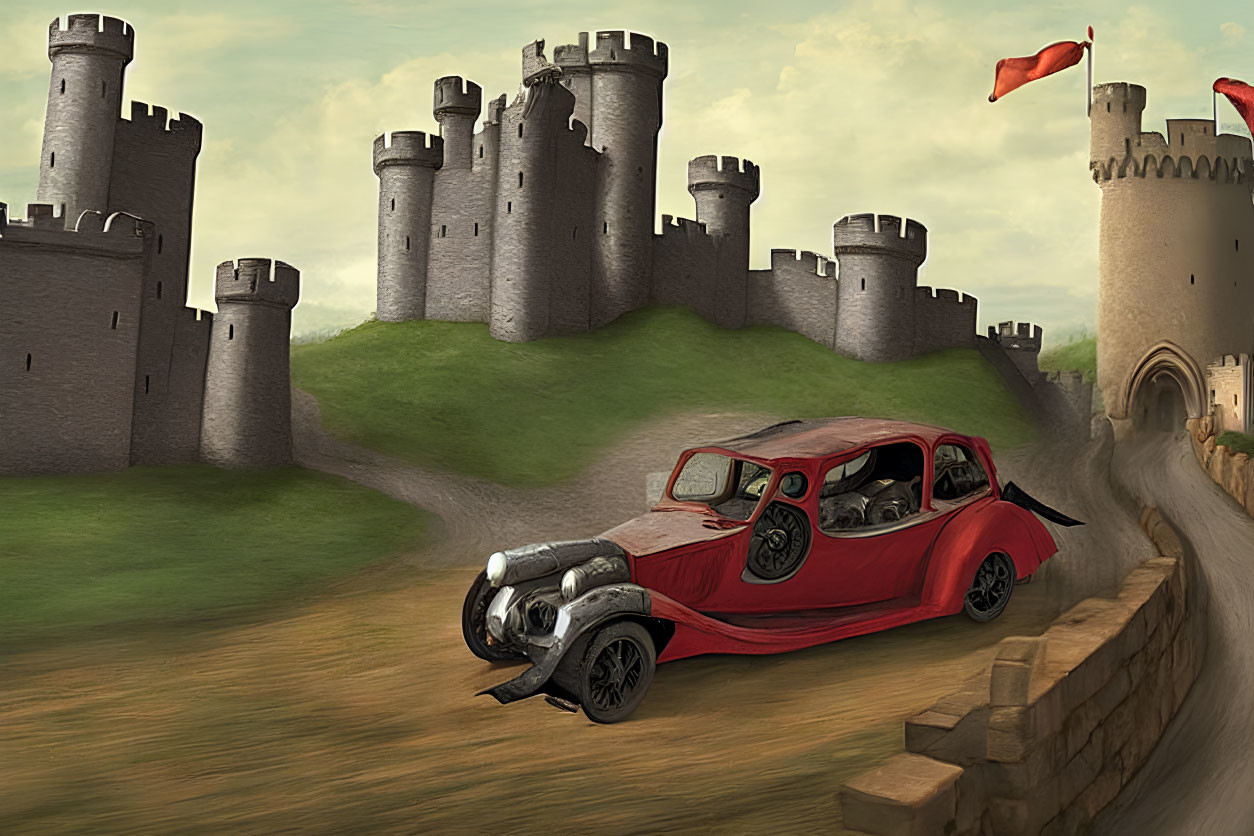 Vintage red car driving past majestic castle on dirt road