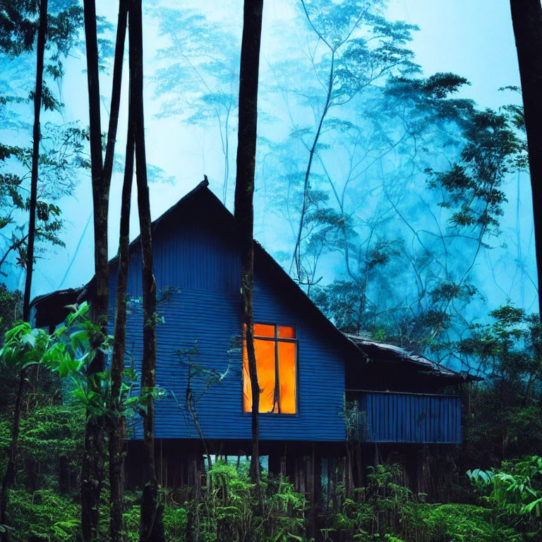 Blue cabin with lit window in misty forest twilight