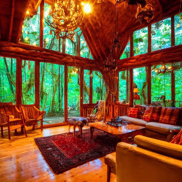 Cozy Rustic Wooden Cabin Interior with Antler Chandelier