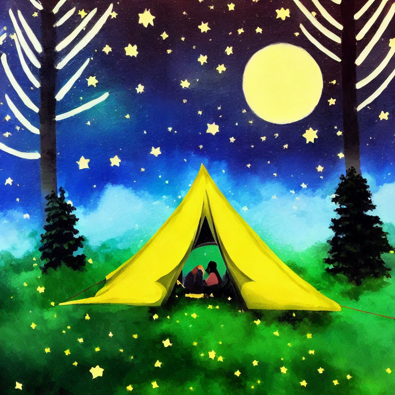 Colorful painting of yellow tent under starry night sky with silhouettes.