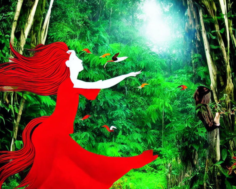 Woman in Red Dress Dancing in Lush Jungle with Birds and Sloth