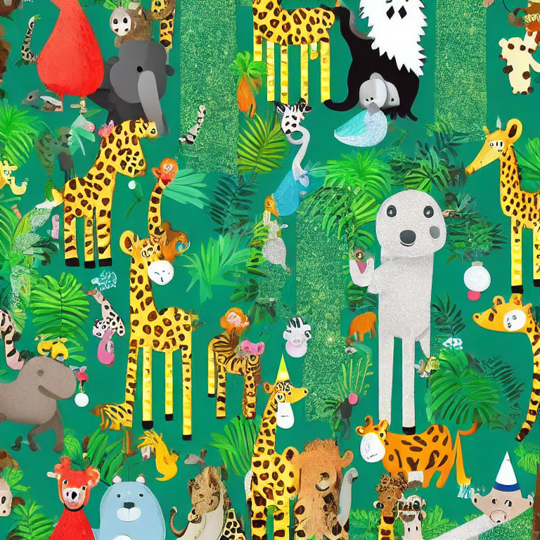 Vibrant jungle animal illustration with giraffes, sloth, and lion in lush tropical setting