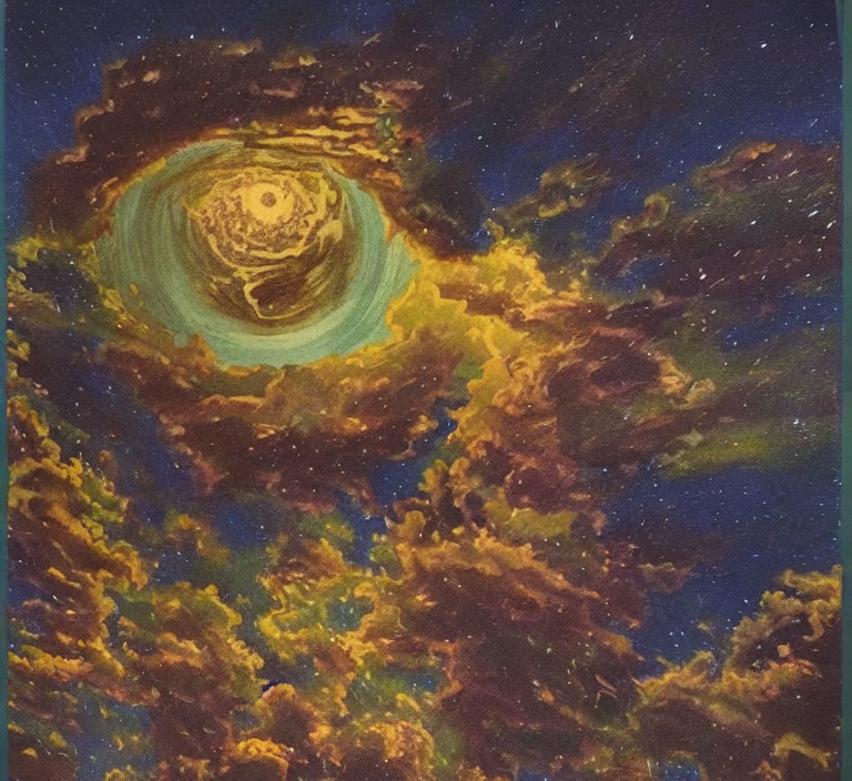 Celestial painting featuring swirling galaxy and vibrant star clouds