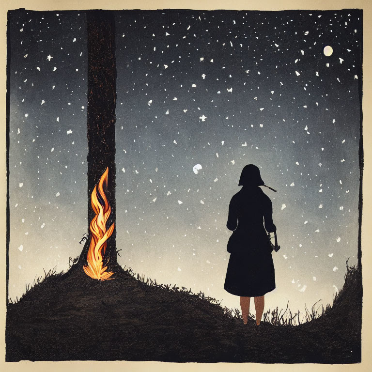 Silhouette of person by tree with fire under starry night sky