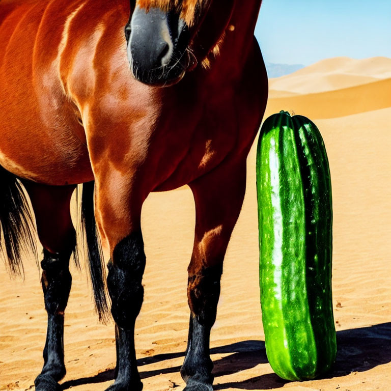 Chestnut Horse Next to Giant Cucumber in Sandy Desert Landscape