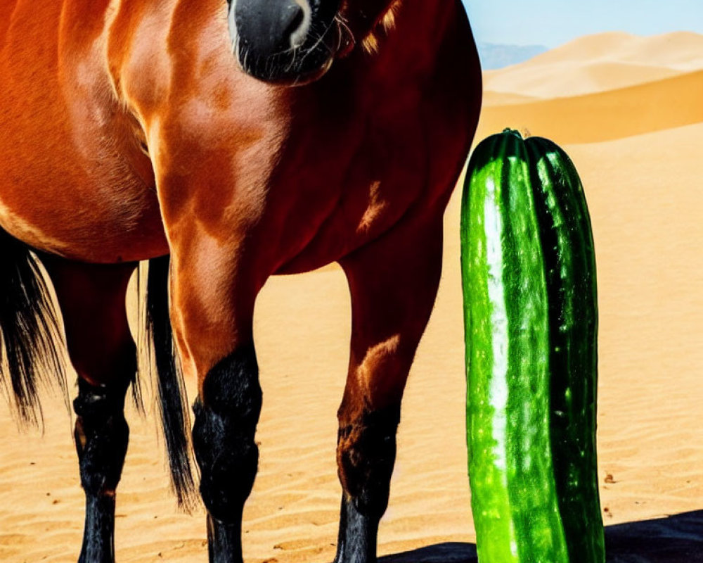 Chestnut Horse Next to Giant Cucumber in Sandy Desert Landscape