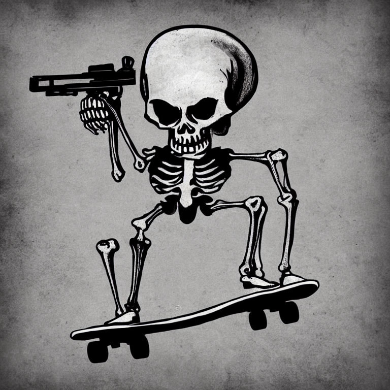 Skeleton Skateboarding with Gun on Grey Background