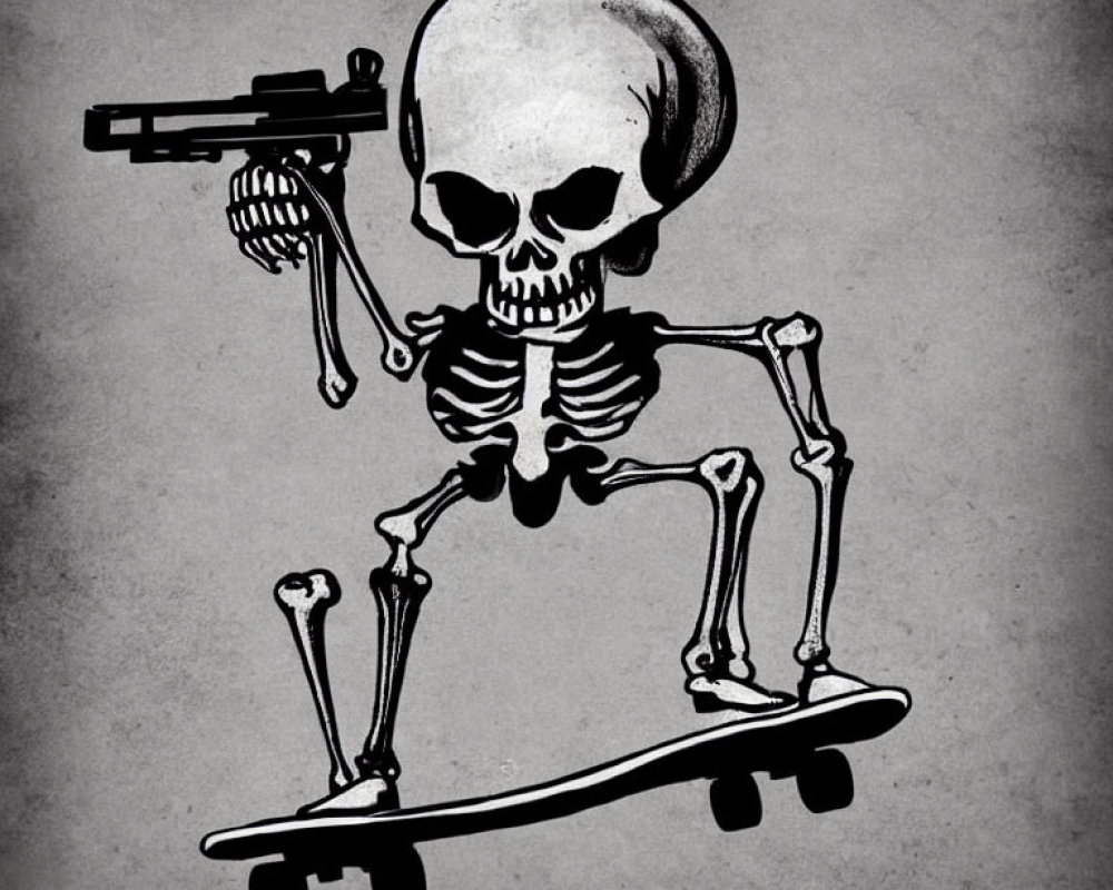 Skeleton Skateboarding with Gun on Grey Background