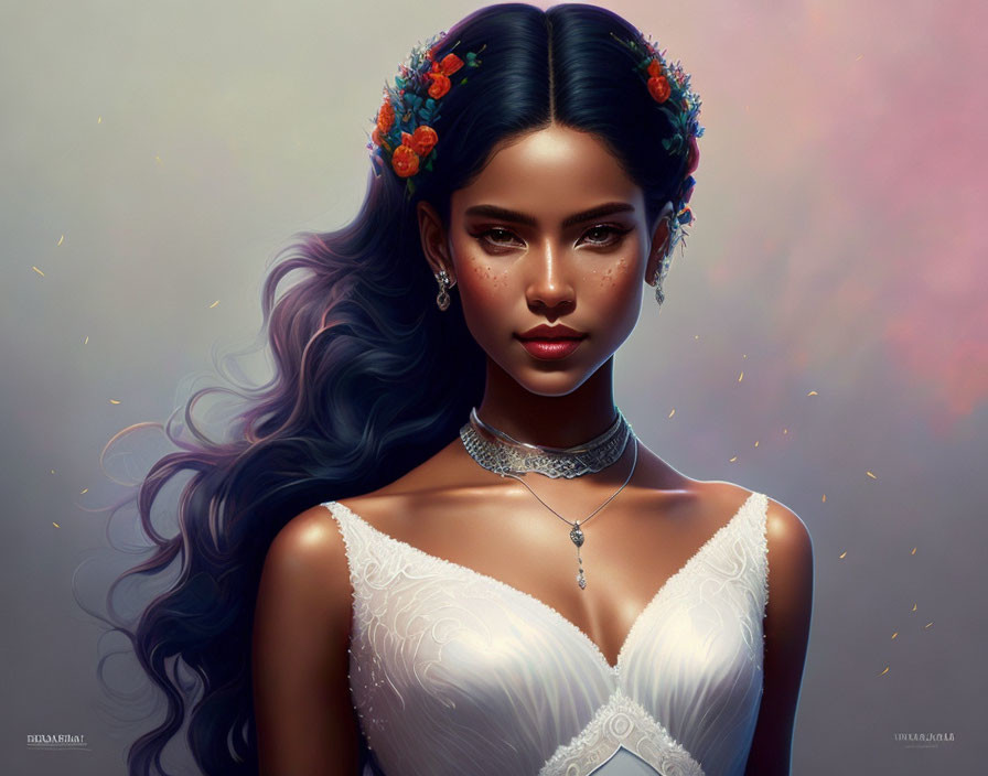 Digital Artwork: Woman with Wavy Hair, Flowers, White Dress, Mystical Aura