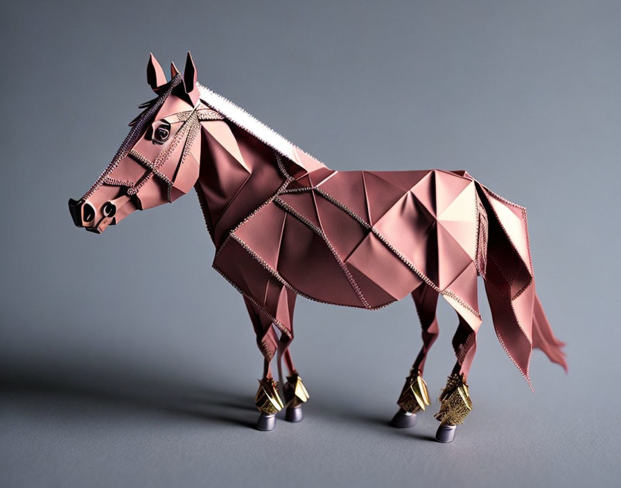 Geometric Origami-Style Horse Model in Pink and Brown on Grey Background