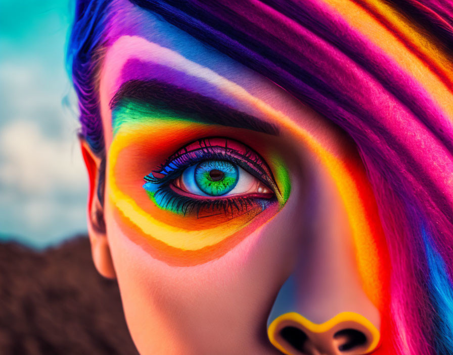 Vibrant rainbow makeup on person's face with colorful hair and intense blue iris.