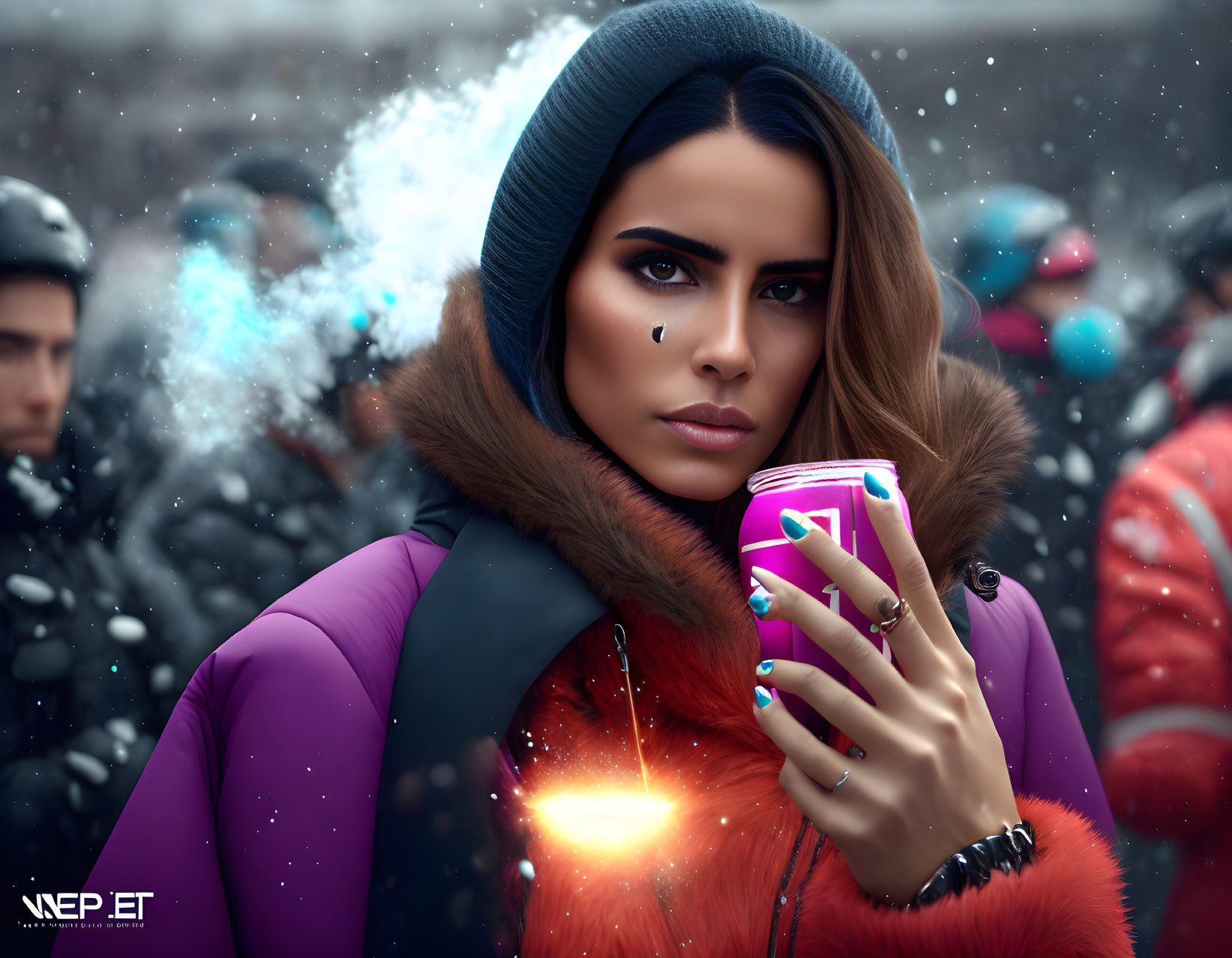 Woman in purple jacket holding can against snowy backdrop