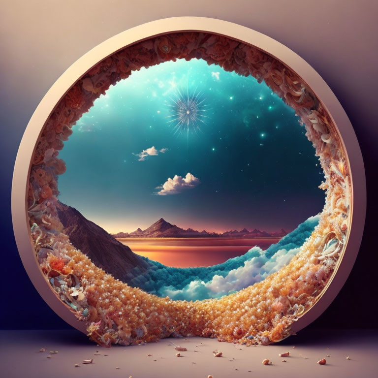 Circular surreal landscape with mountains, lake, and celestial body in floral border