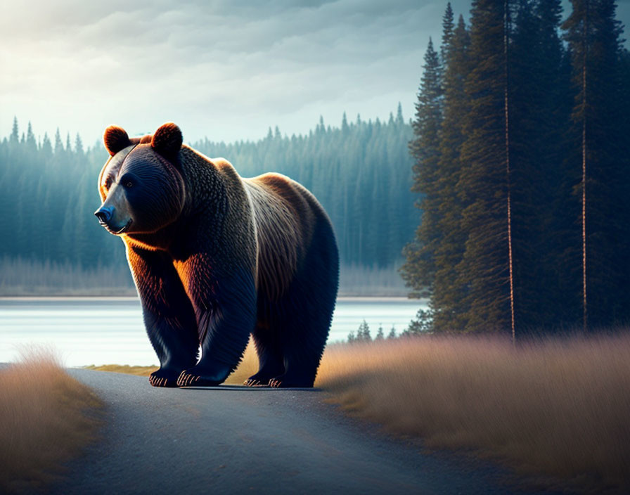 Brown Bear in Twilight Forest Landscape with Lake