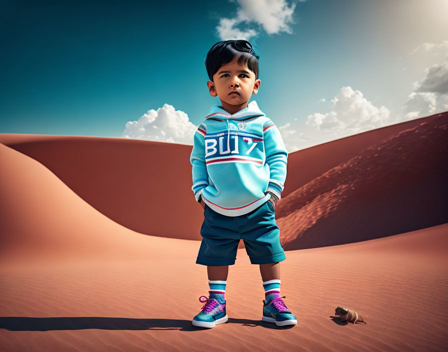 Toddler in blue hoodie on desert sand dune with toy car