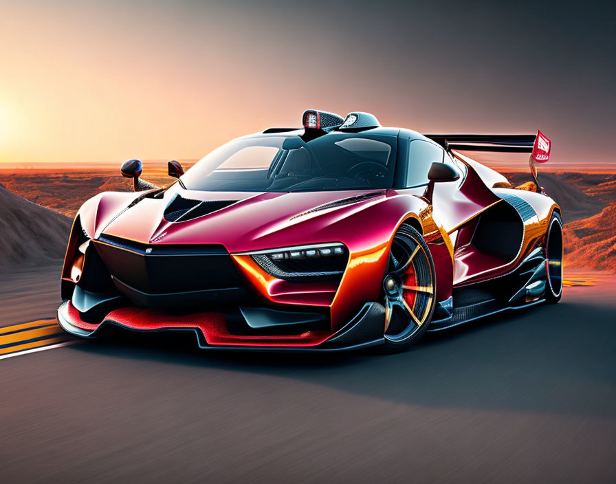 High-Performance Sports Car in Red and Black on Open Road at Sunset