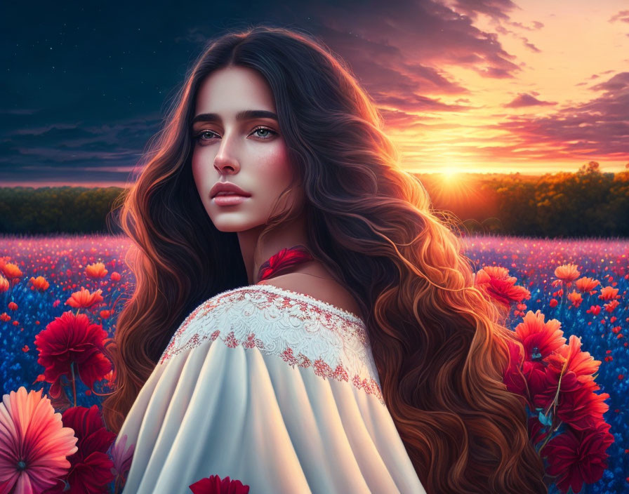 Woman with flowing brown hair and green eyes in white dress among red flowers in sunset field.